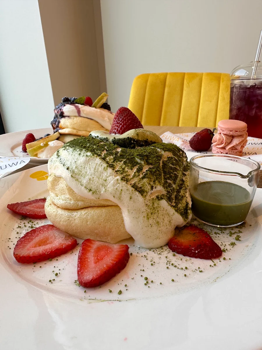 Strawberry Matcha Soufflé Pancakes
