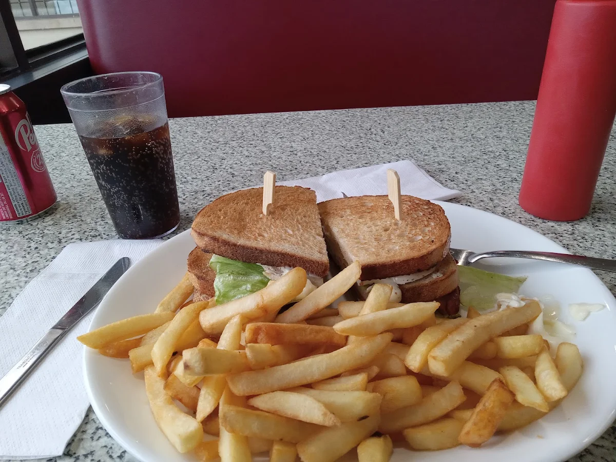 Chicken Club Sandwich with Fries and Coca Cola