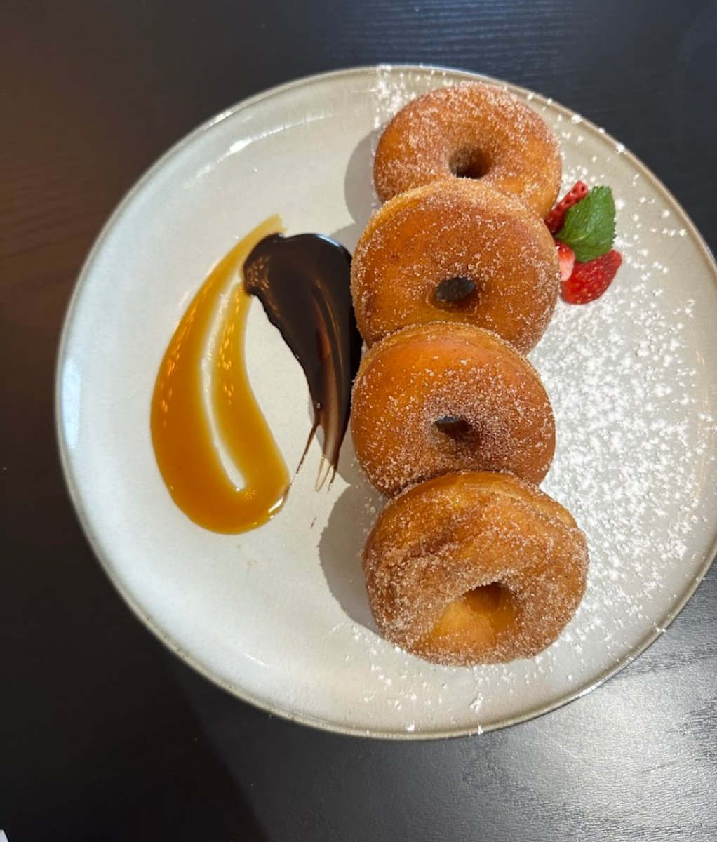 Warm Churro Donuts with Cinnamon Sugar Chocolate Sauce and Caramel Sauce