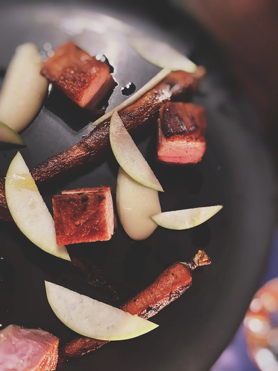 Pork Belly with Roasted Carrots and Apple Purée