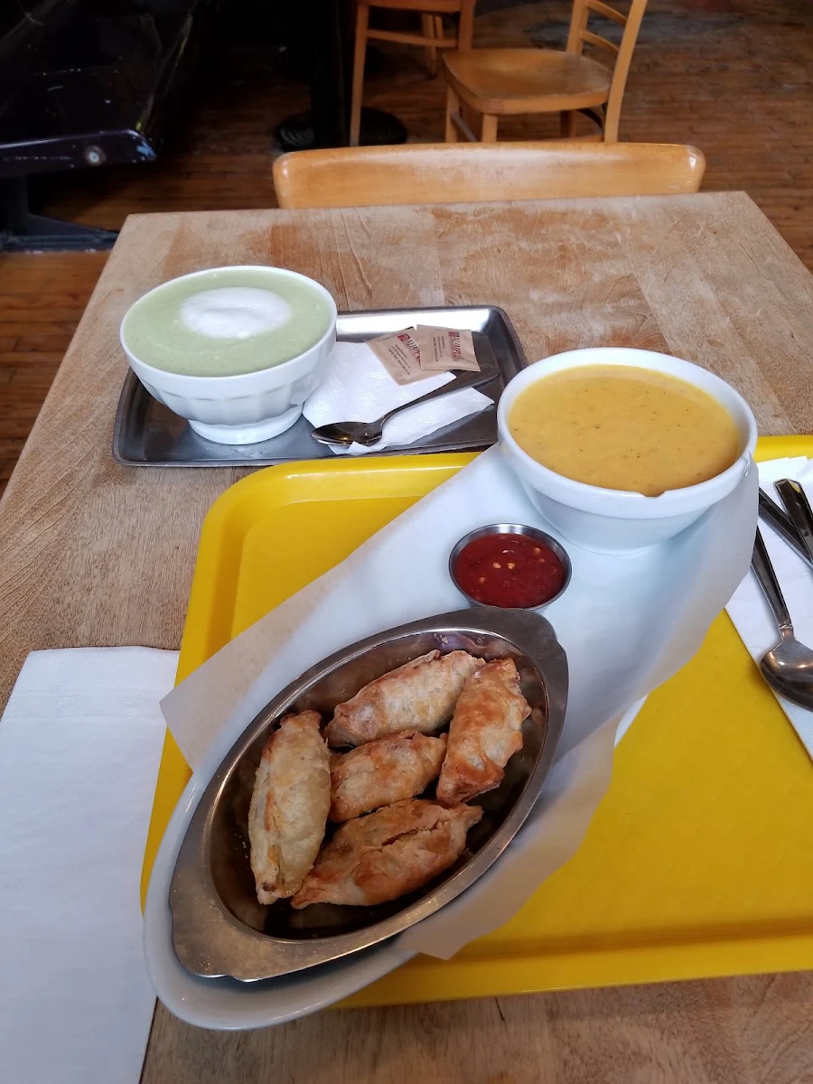 Mini Chicken Empanadas with Cream of Carrot Zucchini and Ginger Soup and a Nice Matcha Almond Latte