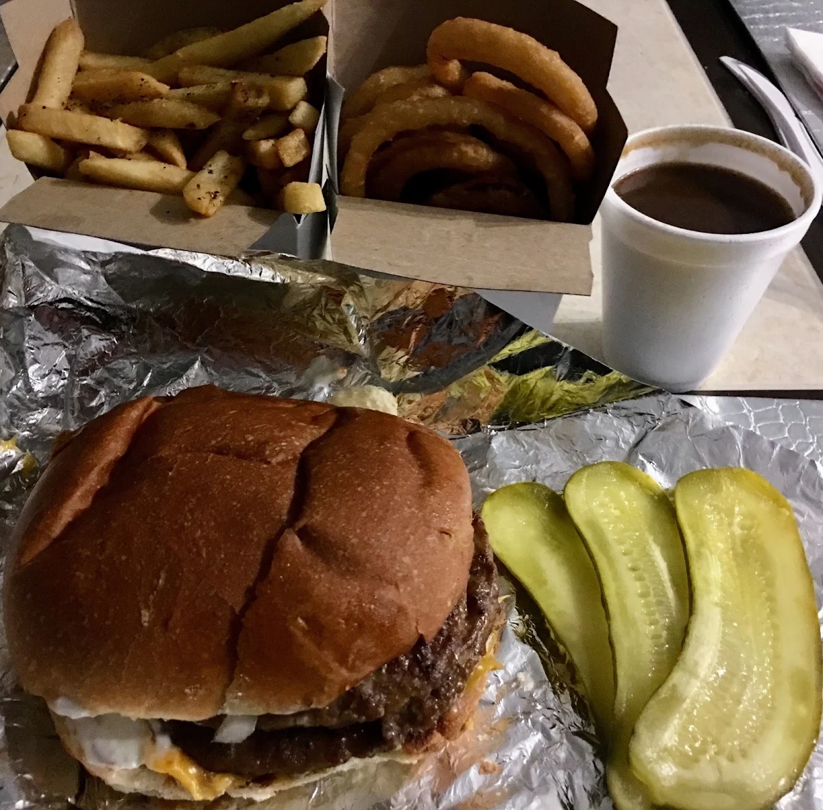 Burger Fries Onion Rings Gravy Pickles