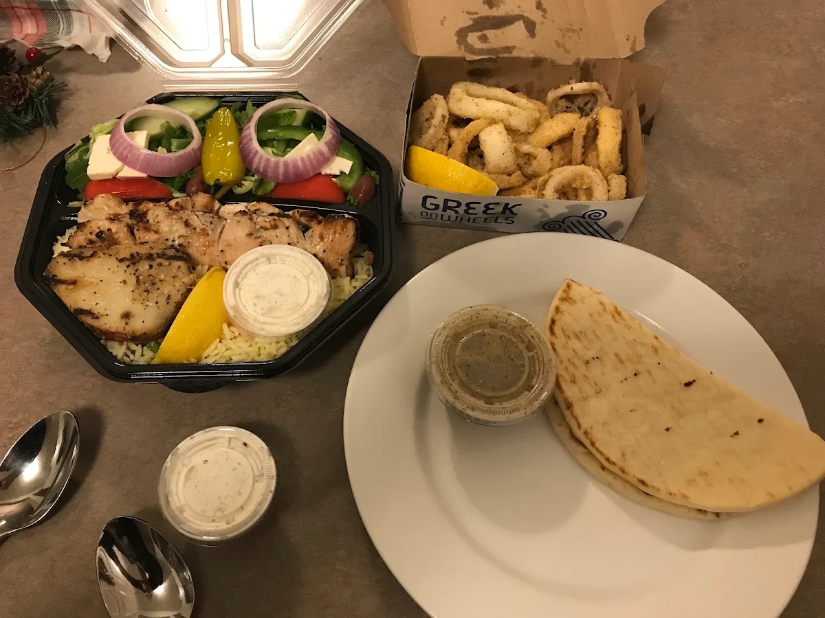 Souvlaki Platter with a Side of Calamari Rings