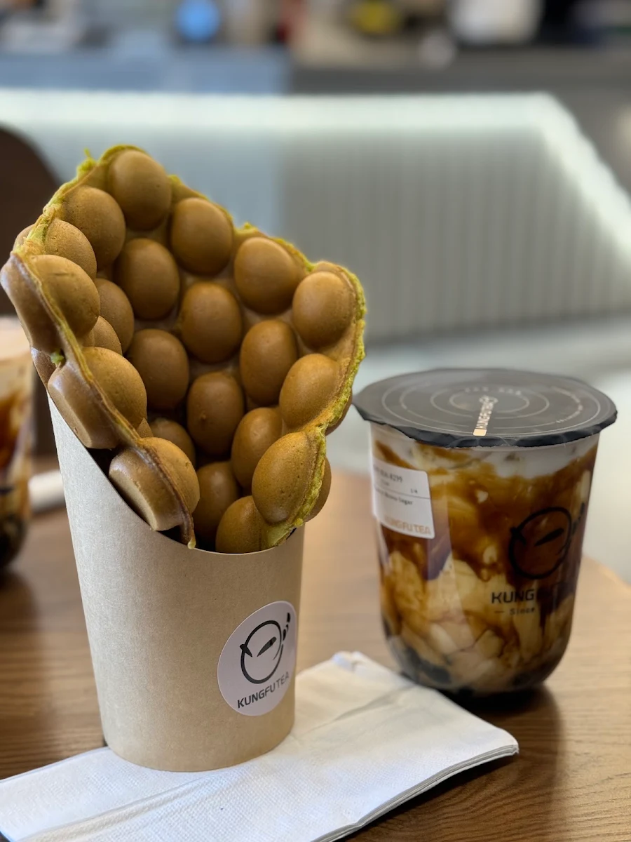 Matcha Egg Waffles and Taro Sago Milk Tea with Tapioca