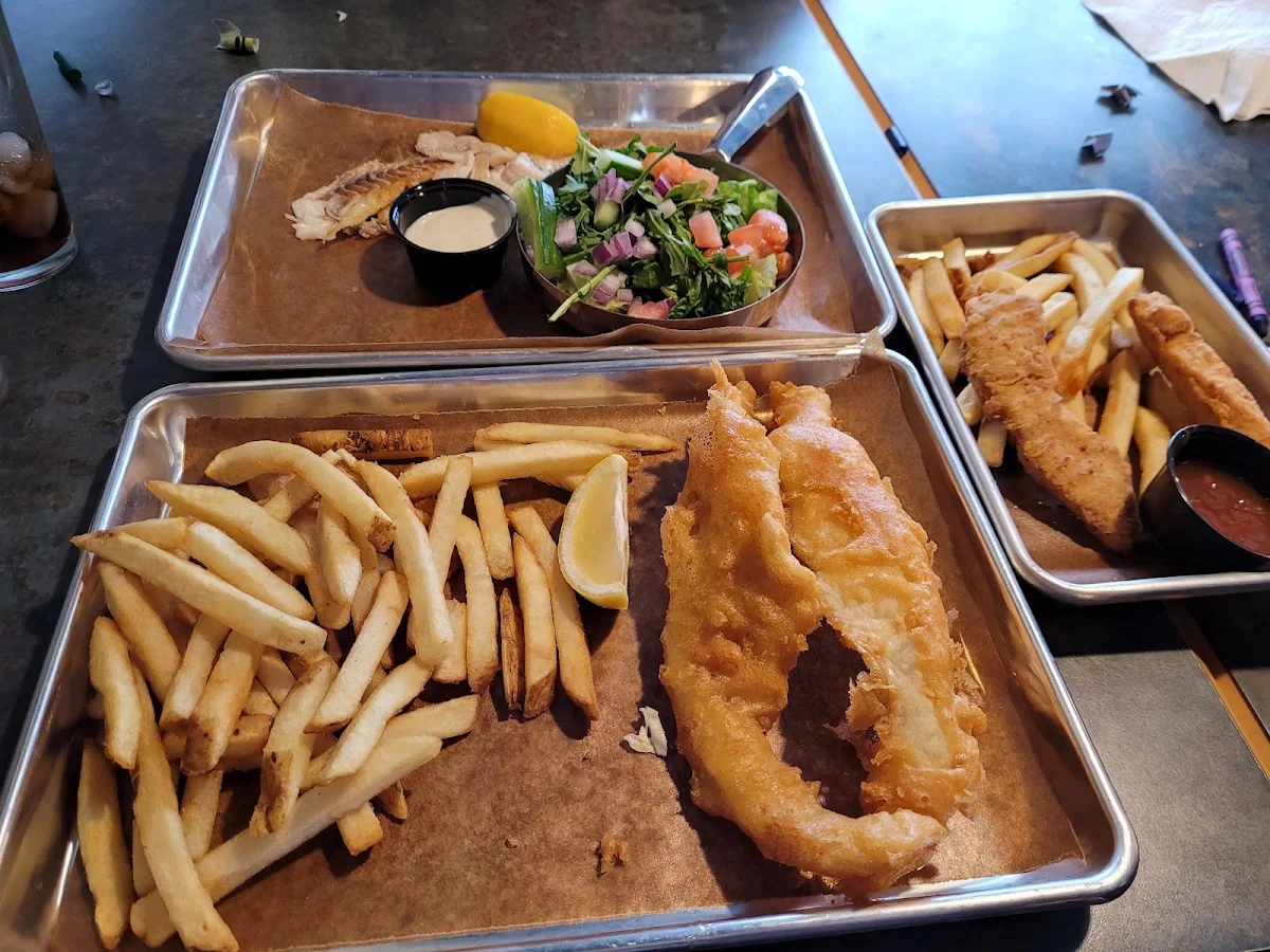 Grilled Fish GF with Side Salad 2 Piece Fish and Chips Kids Chicken Fingers and Fries