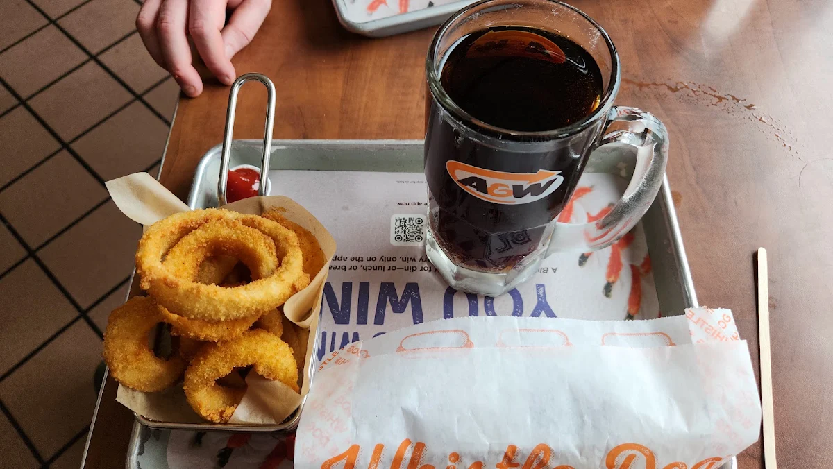 Whistle Dog with Onion Rings and Diet Root Beer