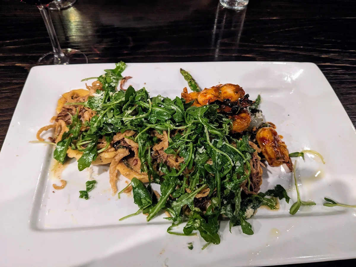 Braised Beef Brisket with Ravioli and Grilled Shrimp