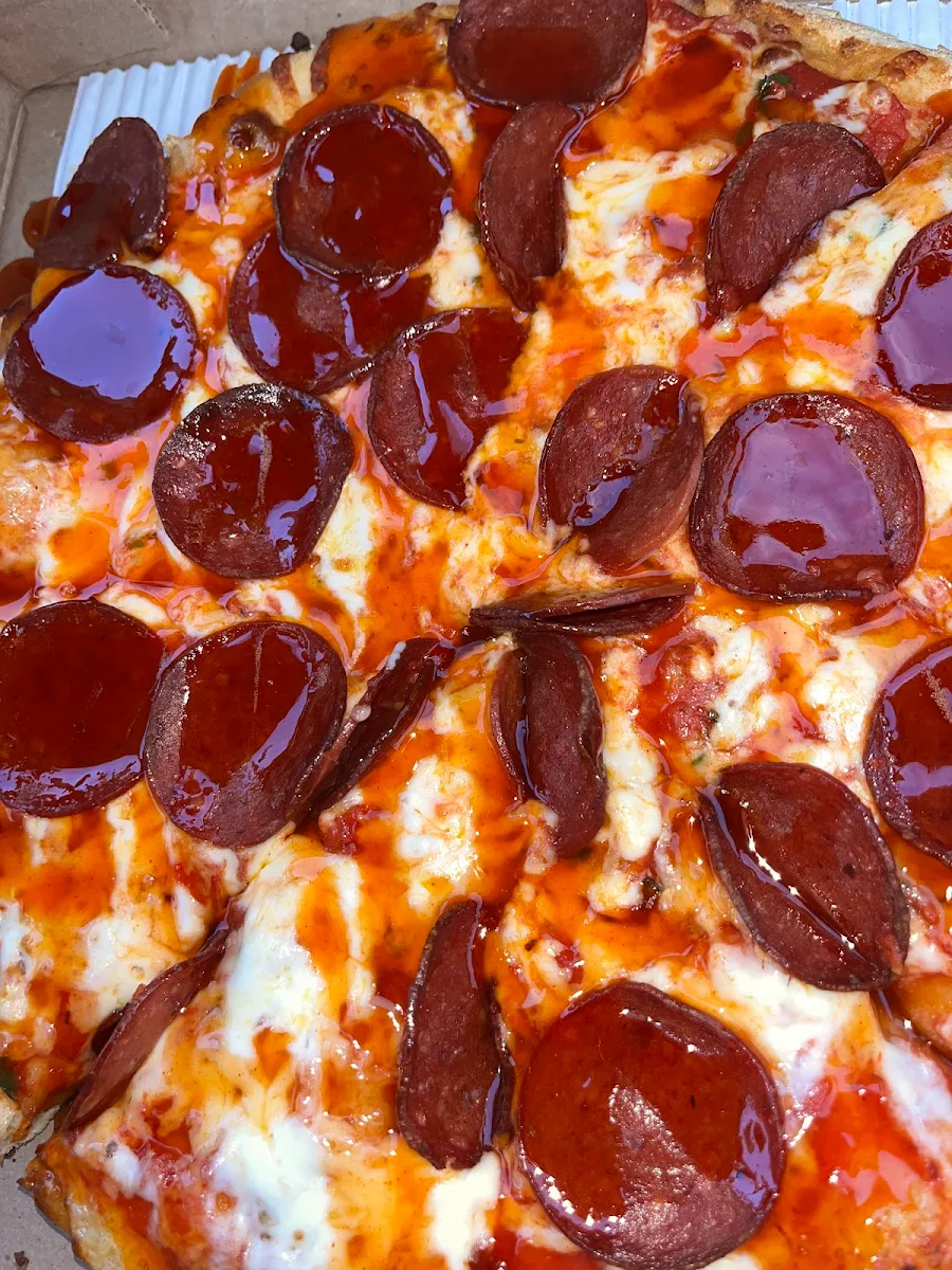 Halal Pepperoni Garlic & Green Chili Base with a Hot Honey Drizzle