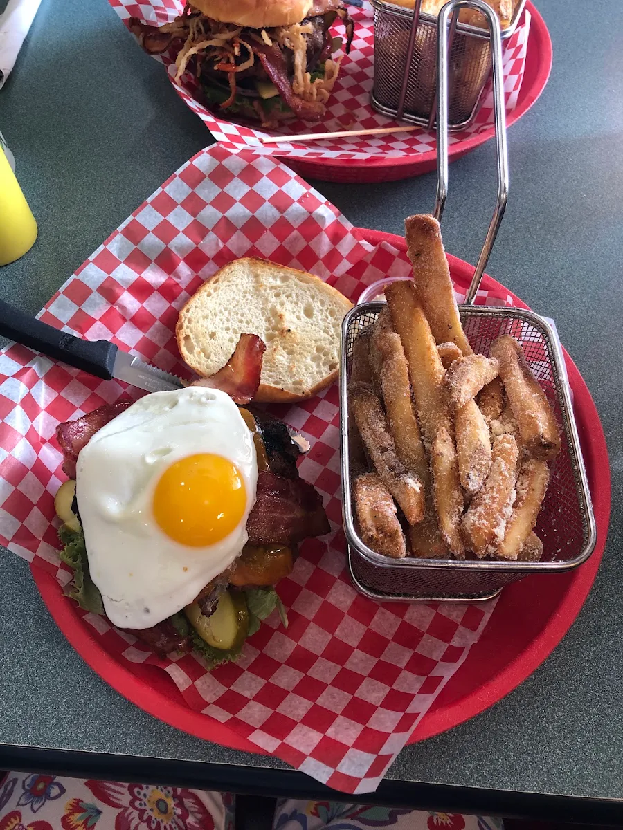 Breakfast Burger and Garlic Parmesan Fries
