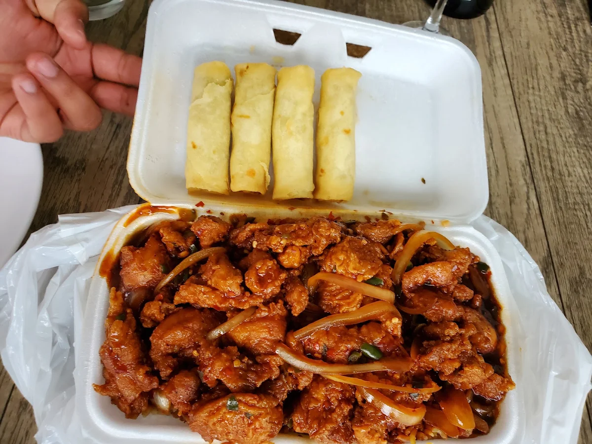 Chilli Chicken with Fried Rice and Veg Spring Rolls
