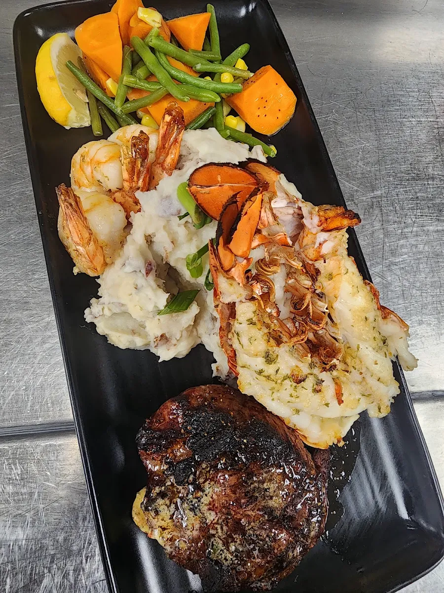 Sirloin with Lobster Tail and Jumbo Prawns