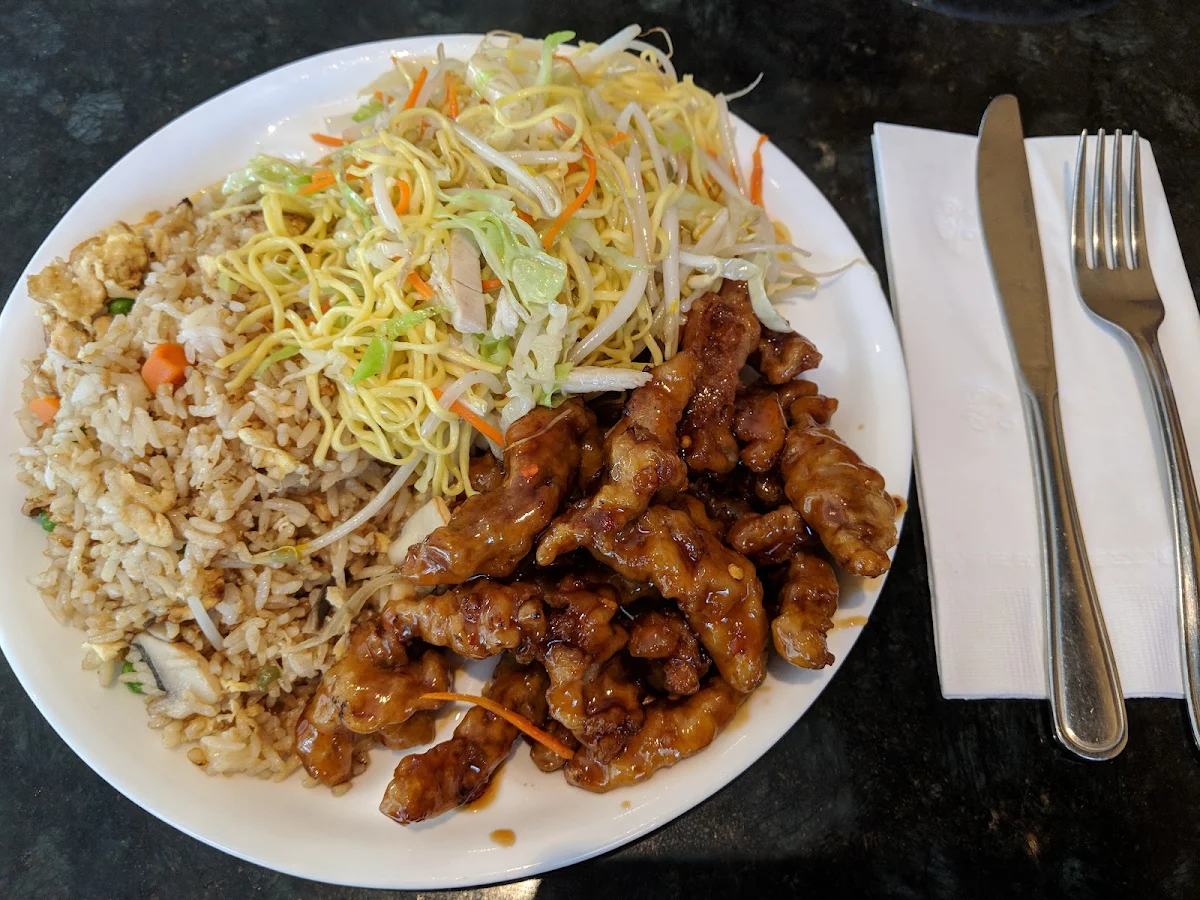 Combo E Ginger Beef Fried Rice Chicken Chow Mein