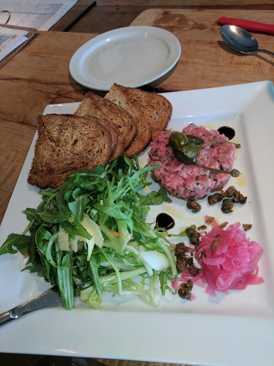 Beef Tartare with Lime Pickled Onions Red Wine Reduction And