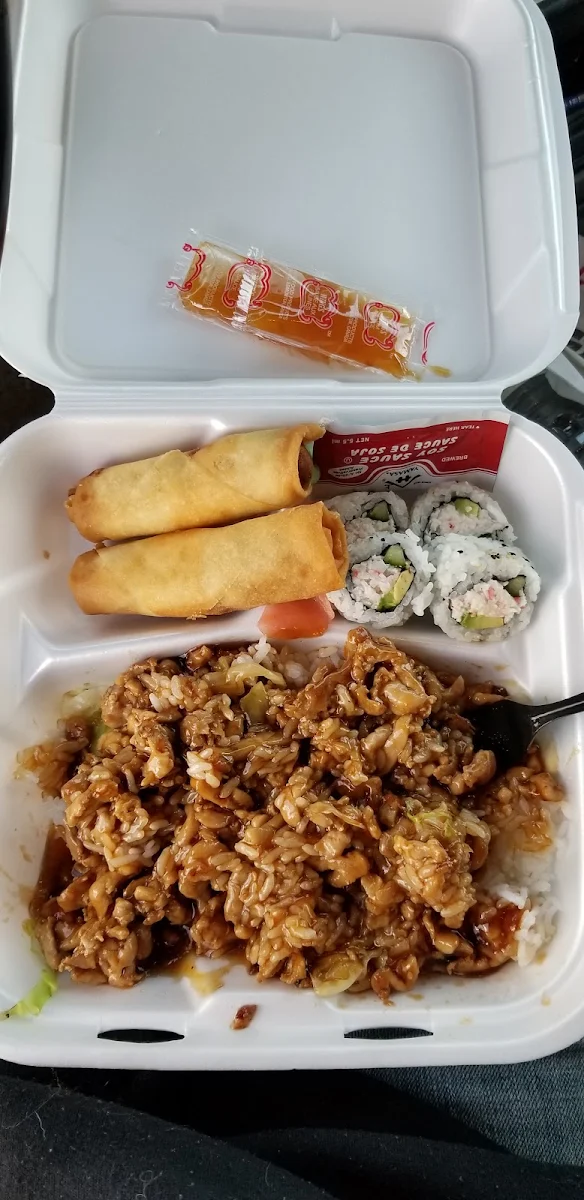Teriyaki Chicken Bento Box with Spring Rolls and California Roll