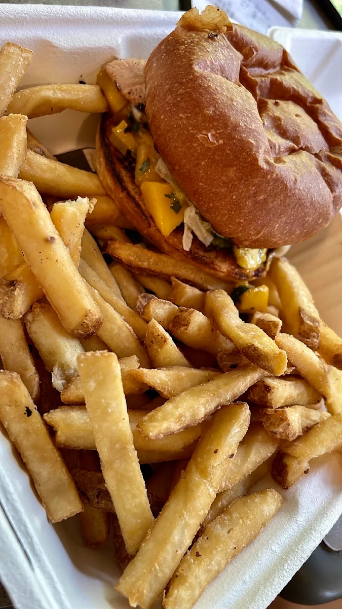 Jerk Chicken Sandwich and Fries