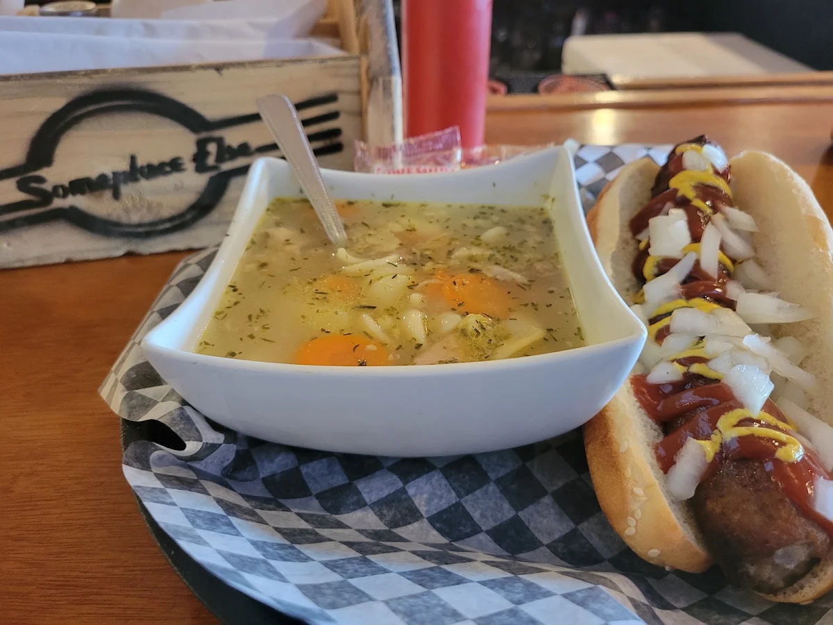 Burger Dog with Chicken Vegetable Soup
