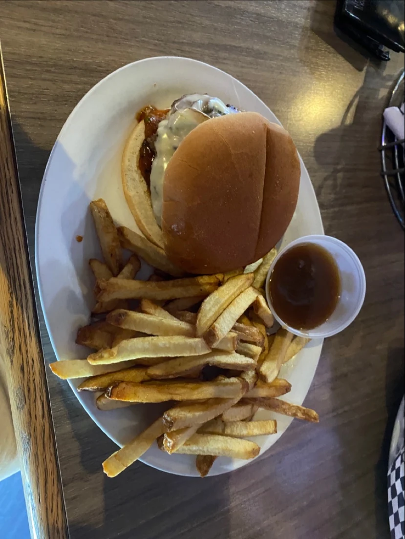 Mushroom Swiss Burger and Fries