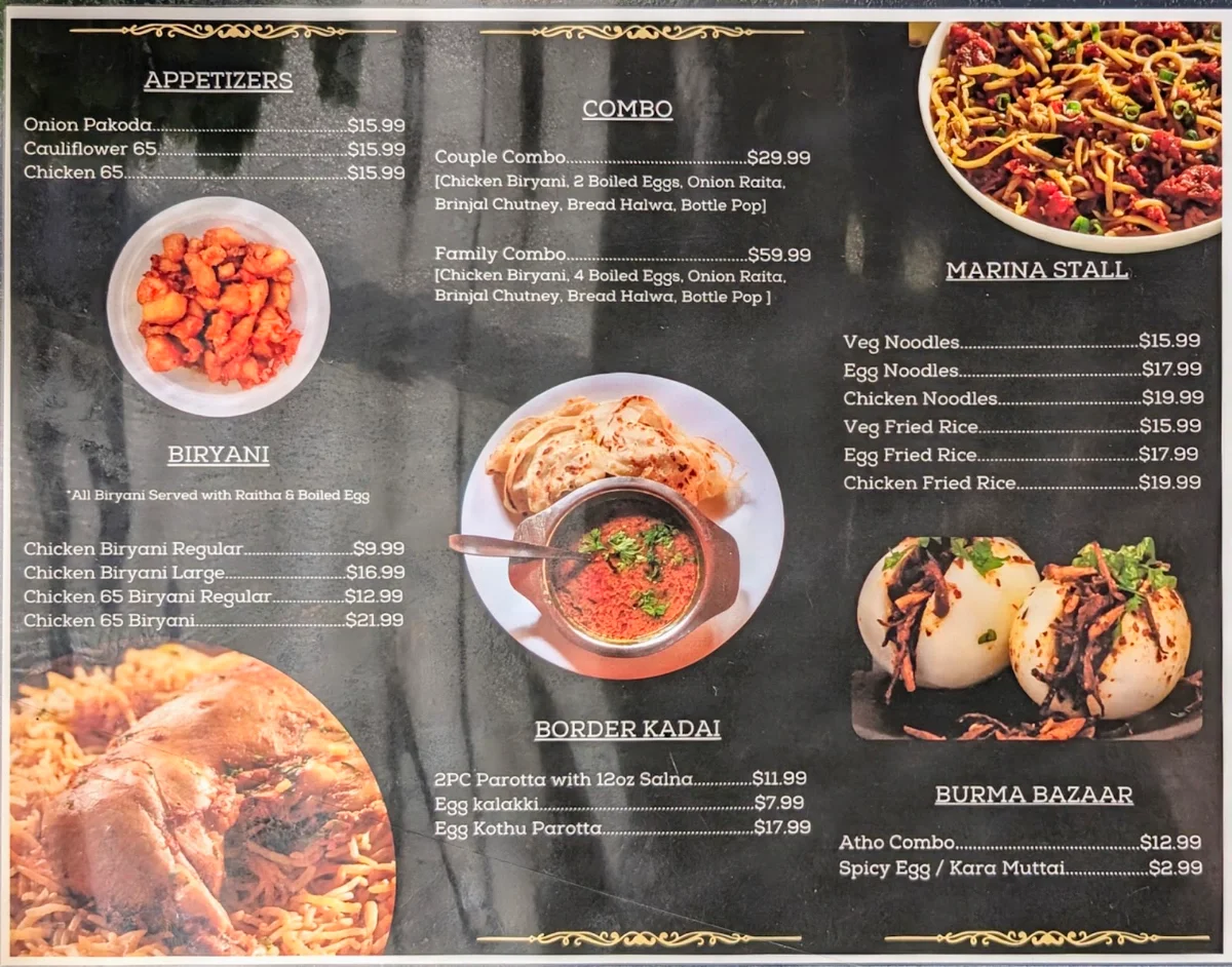 Menu, Noor's Bhai Biryani