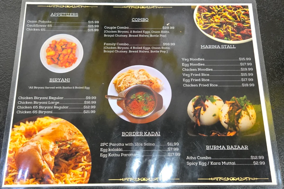 Menu, Noor's Bhai Biryani