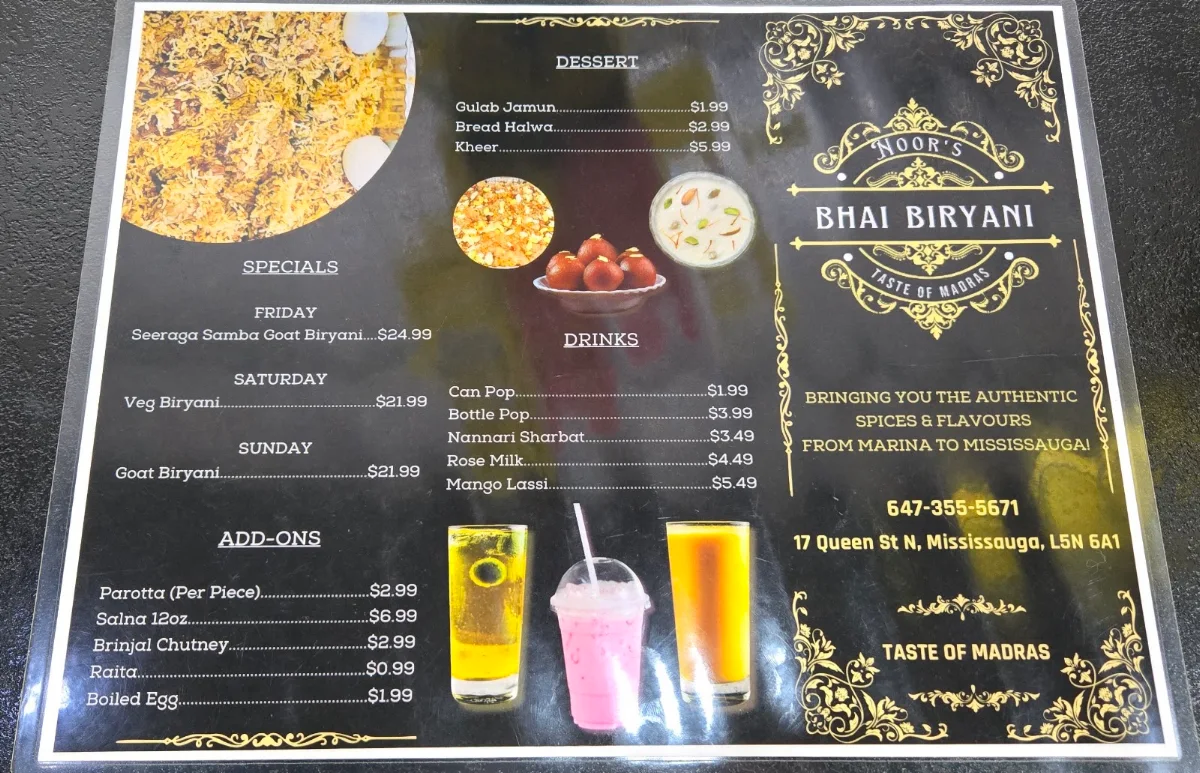 Menu, Noor's Bhai Biryani
