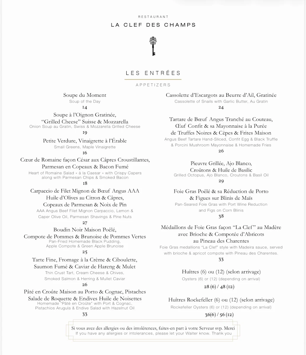 Menu, Restaurant La Clef des Champs
