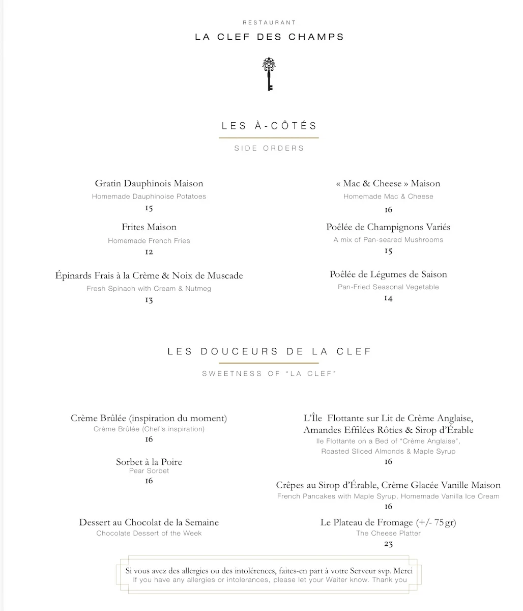 Menu, Restaurant La Clef des Champs