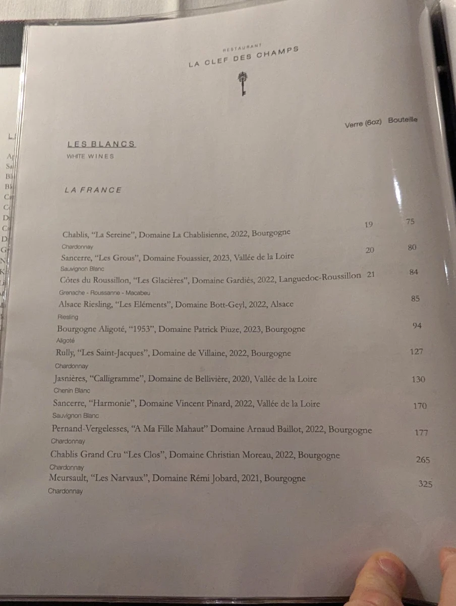 Menu, Restaurant La Clef des Champs