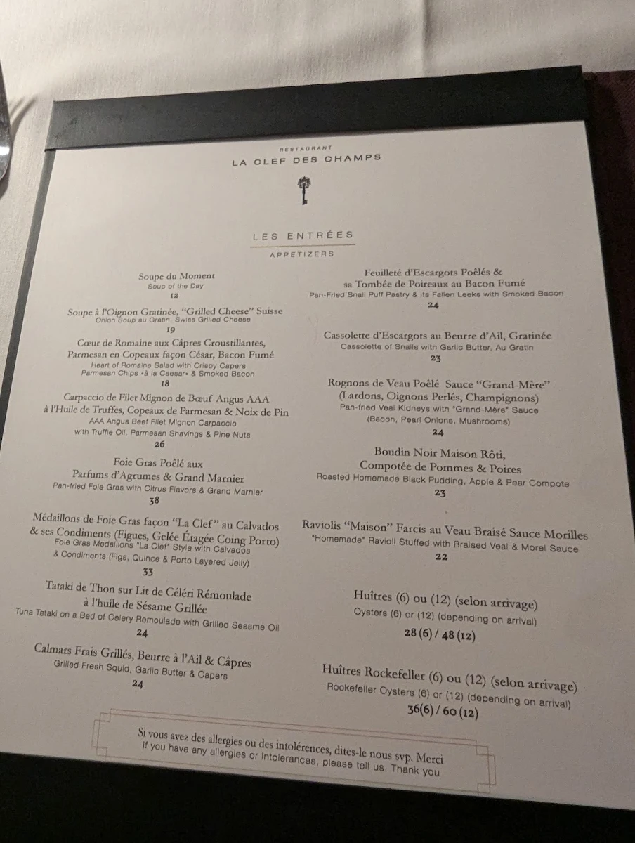 Menu, Restaurant La Clef des Champs