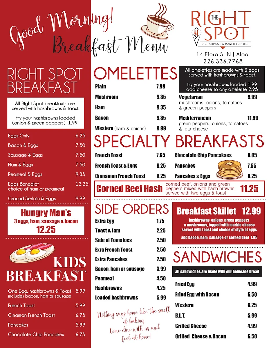 Menu, The Right Spot Restaurant Baked Goods