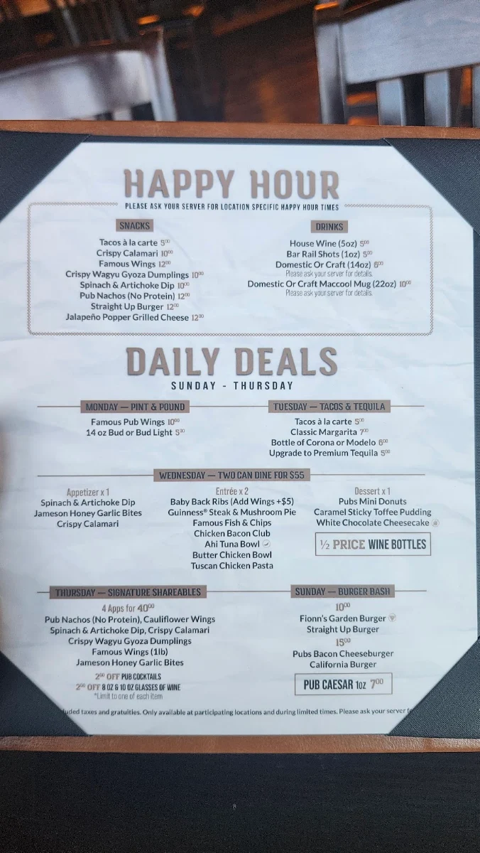 Menu, Fionn MacCool's