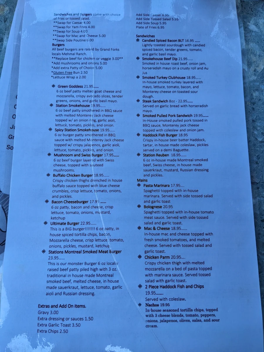Menu, Grand Forks Station Pub