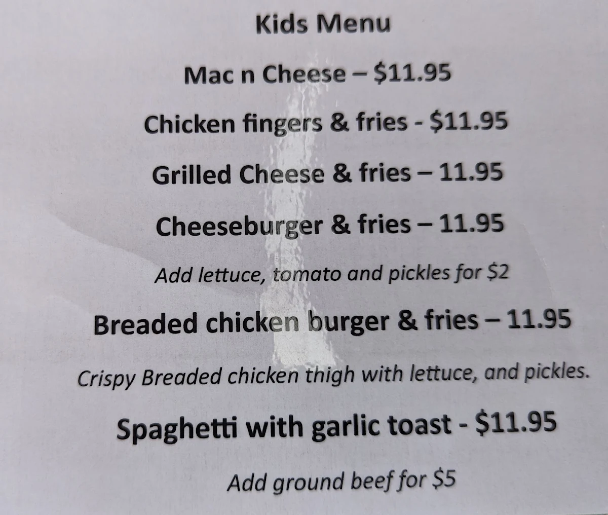 Menu, Grand Forks Station Pub