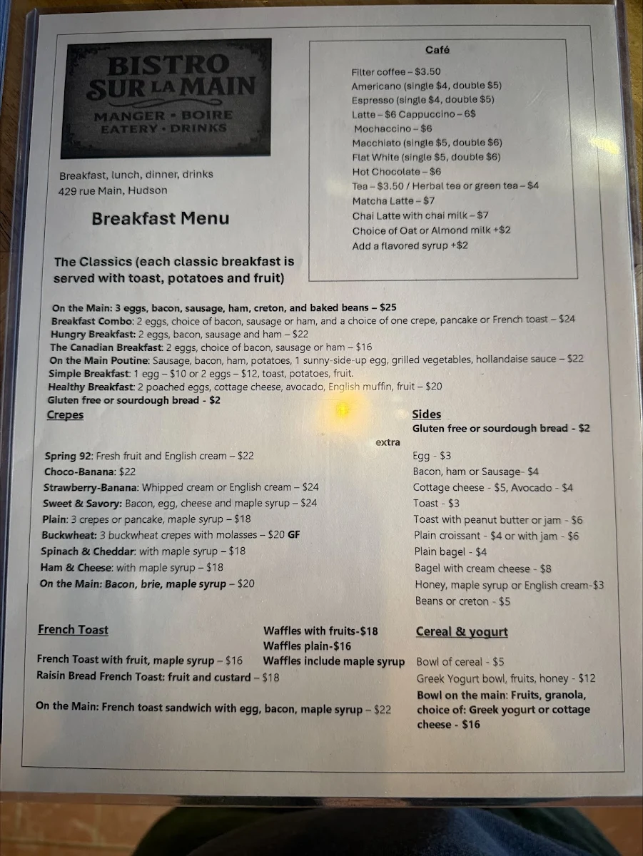 Menu, Bistro sur la Main