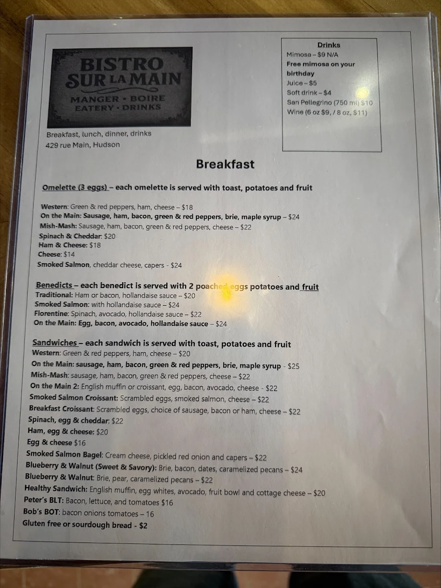 Menu, Bistro sur la Main