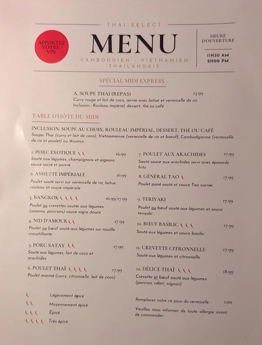 Menu, Restaurant Thaï Sélect