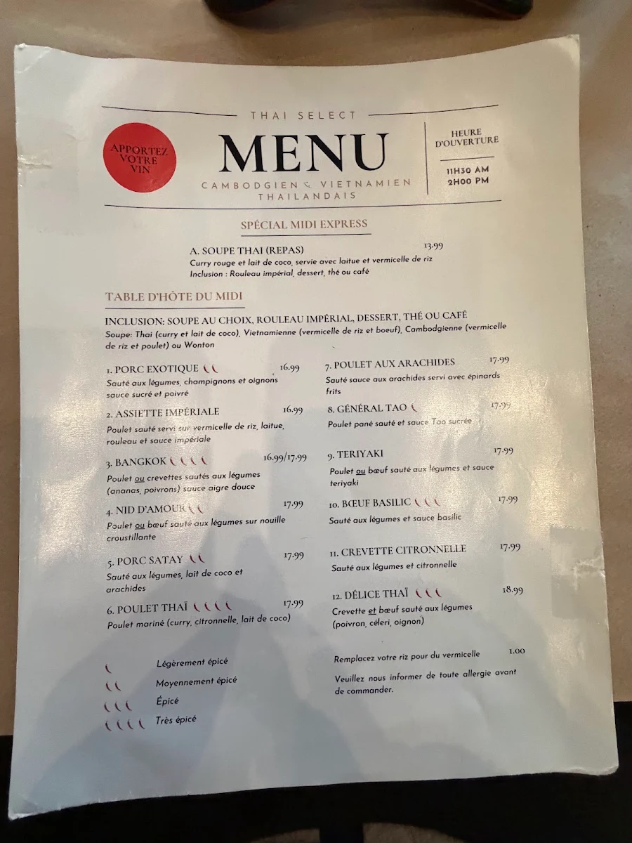 Menu, Restaurant Thaï Sélect