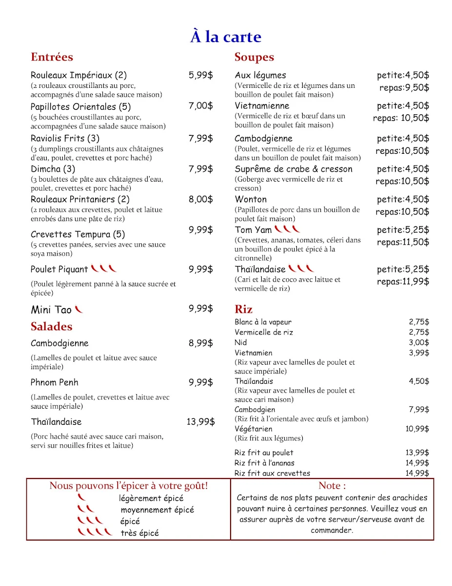 Menu, Restaurant Thaï Sélect
