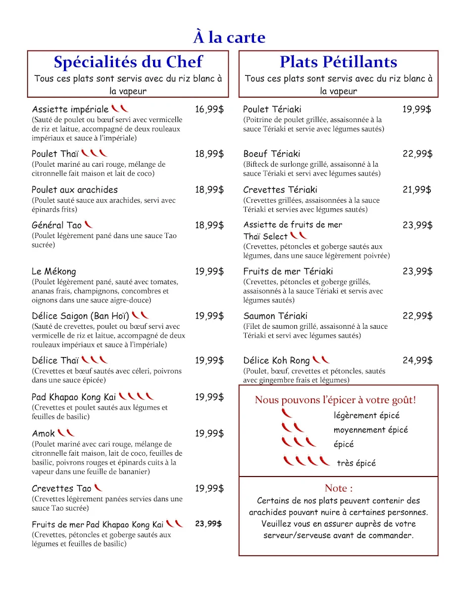 Menu, Restaurant Thaï Sélect