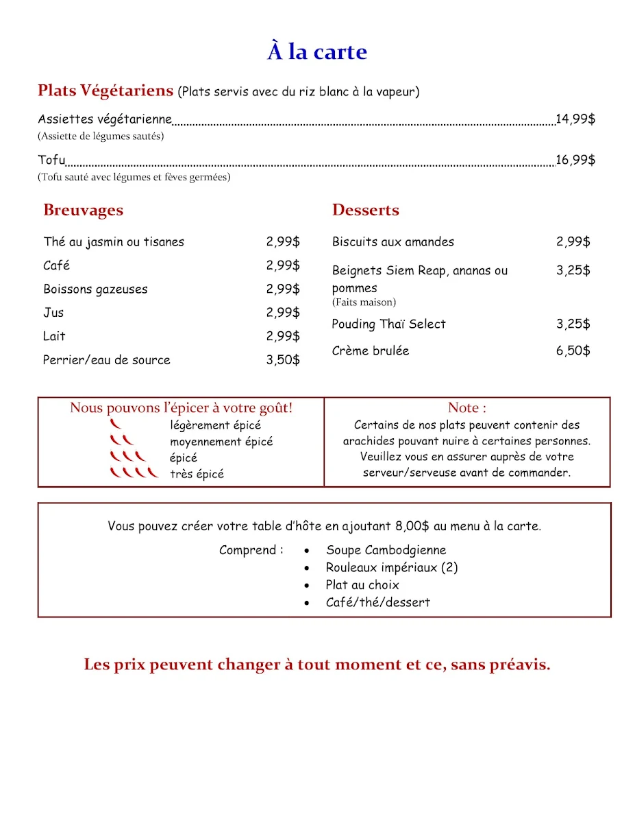 Menu, Restaurant Thaï Sélect