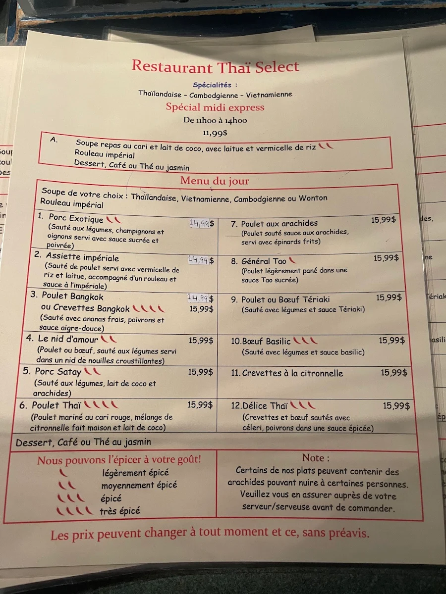 Menu, Restaurant Thaï Sélect