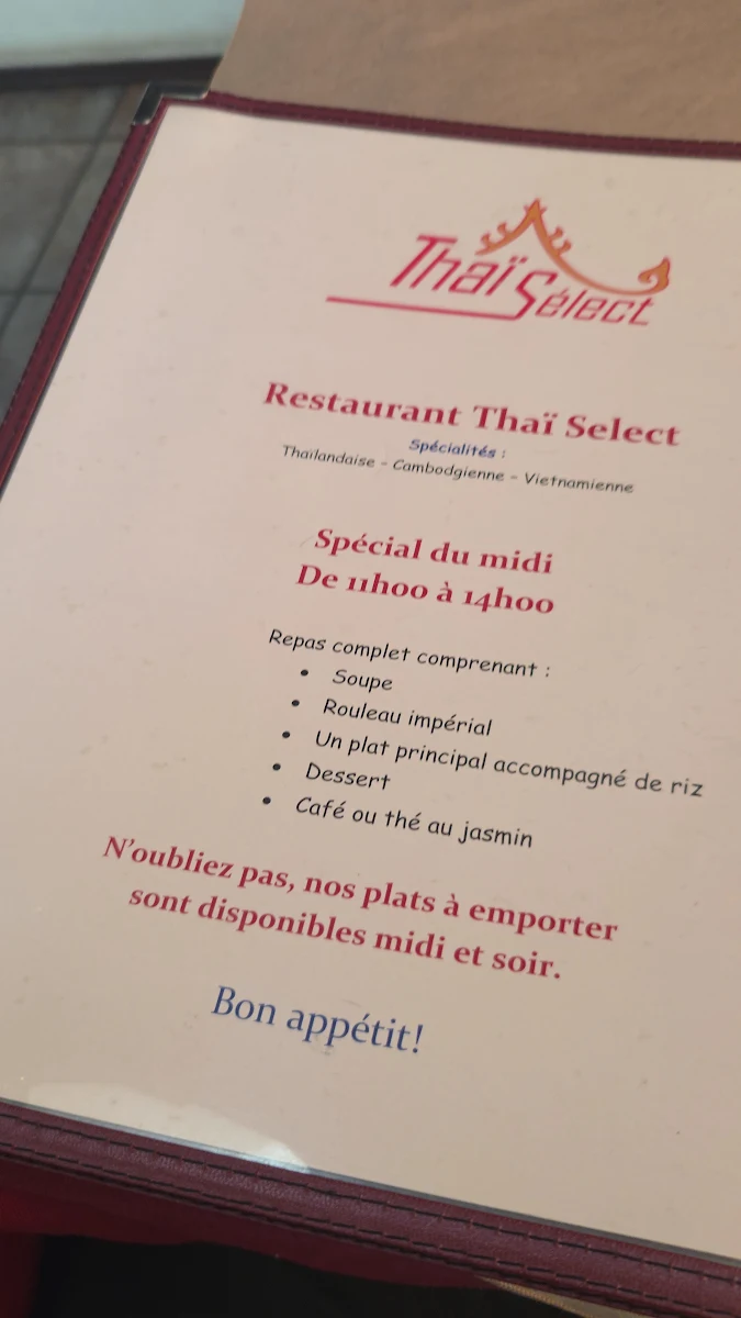 Menu, Restaurant Thaï Sélect