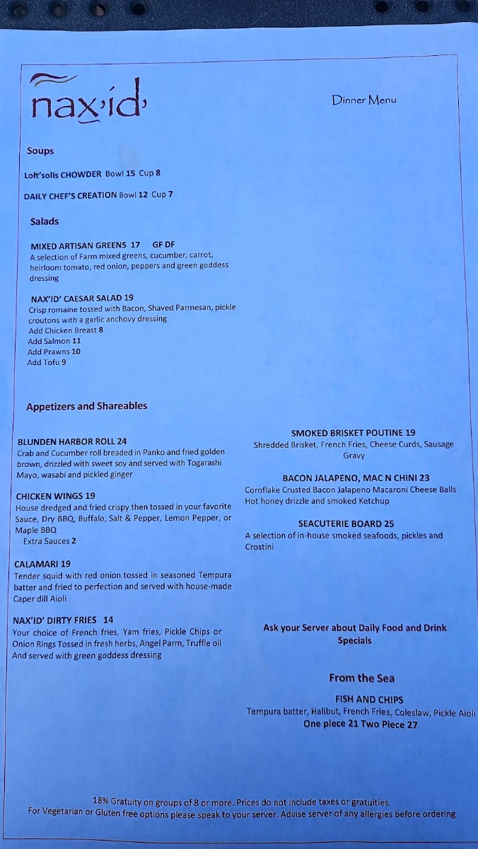 Menu, nax'id' Pub