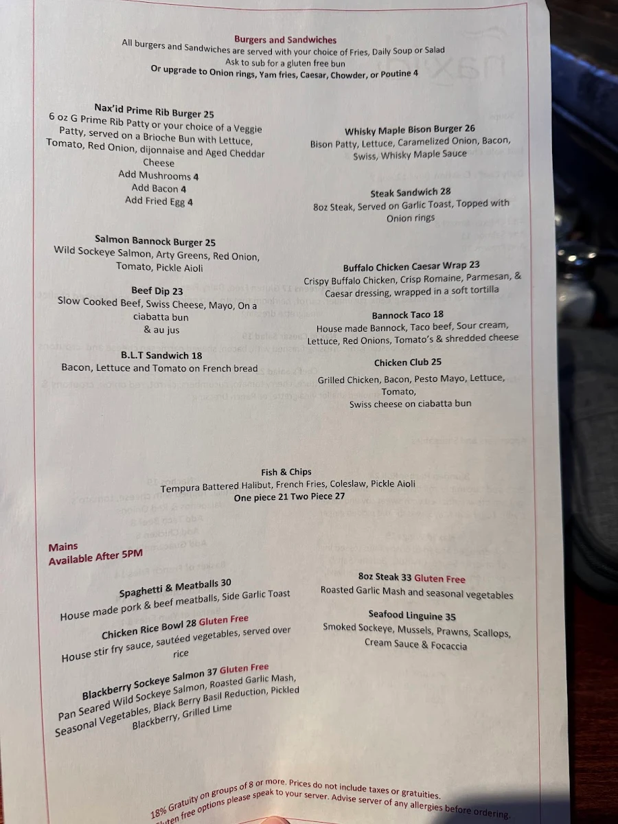 Menu, nax'id' Pub