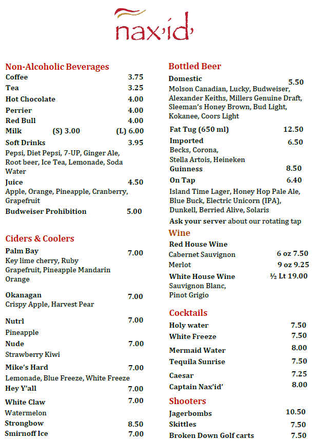 Menu, nax'id' Pub