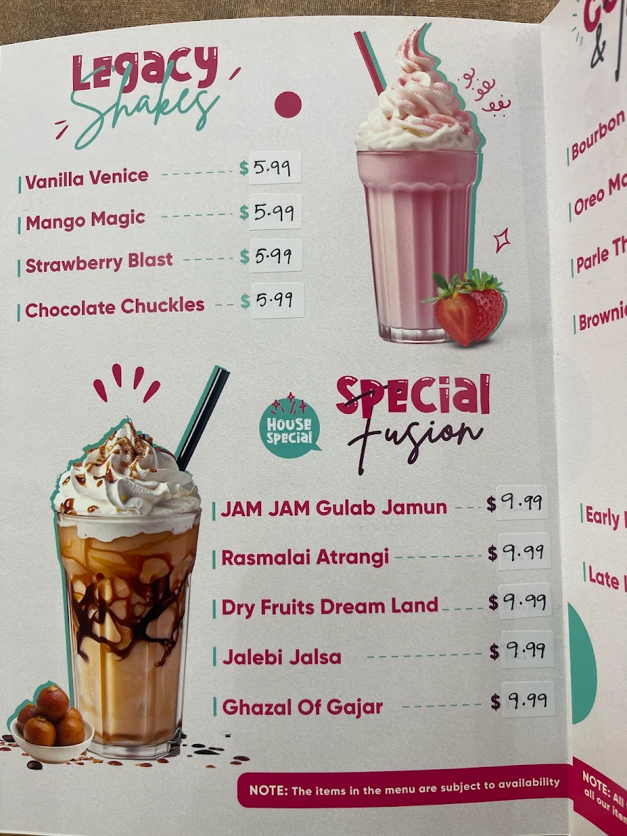 Menu, Mr Shakes