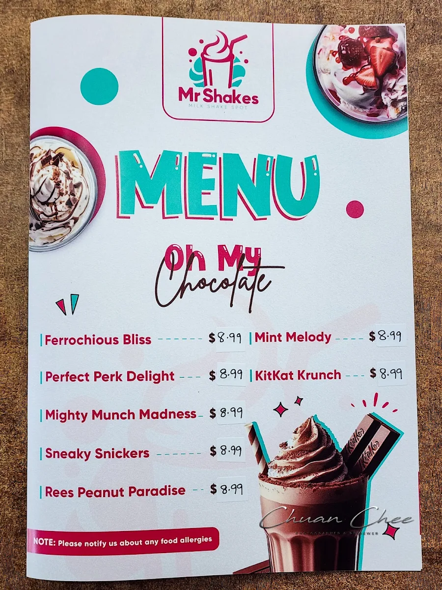 Menu, Mr Shakes