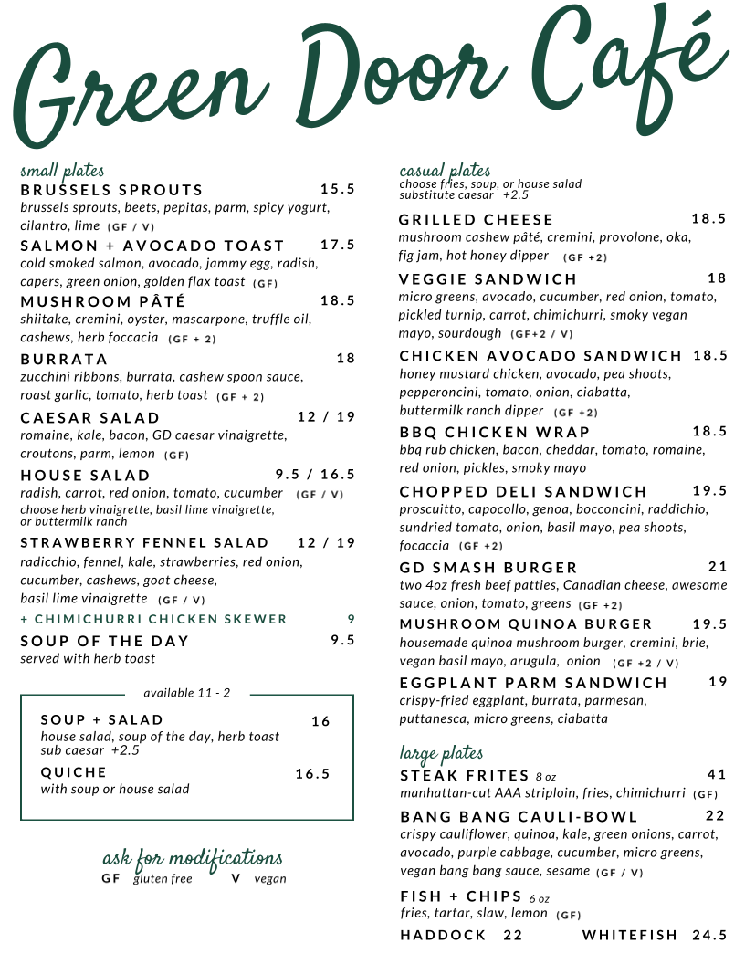 Menu, The Green Door Cafe