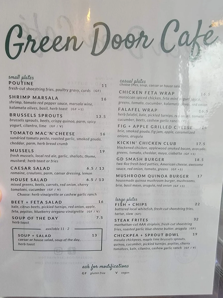 Menu, The Green Door Cafe