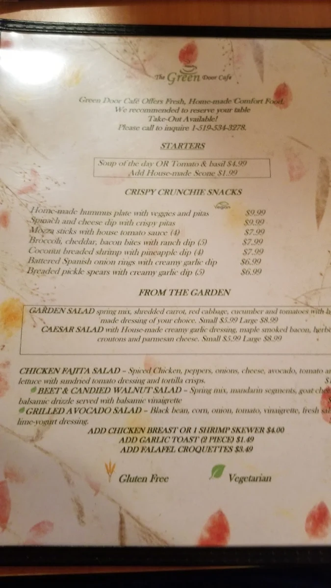 Menu, The Green Door Cafe