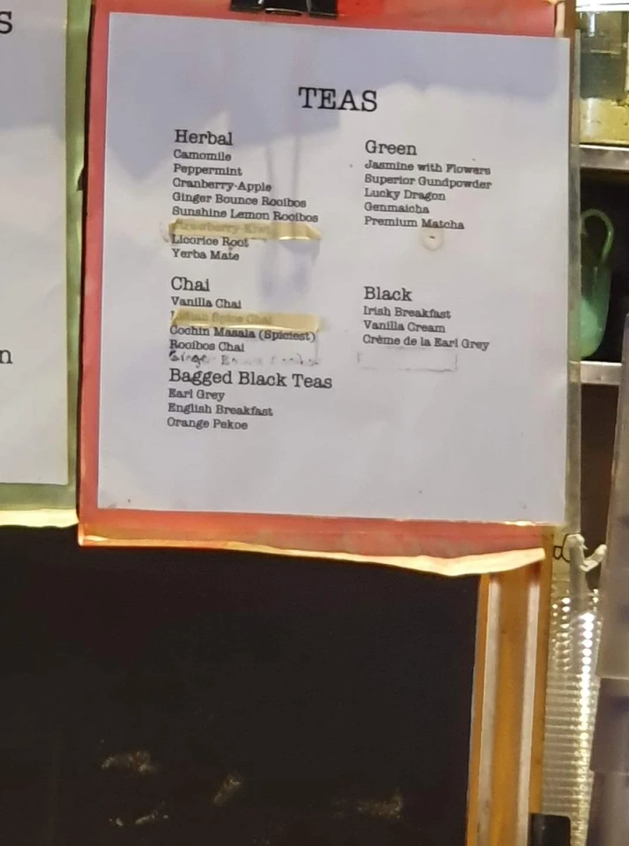 Menu, Melriches Coffeehouse